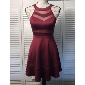 Honey And Rosie Sleeveless Skater Dress Women's XS Burgundy‎ Mesh Cutouts Mini